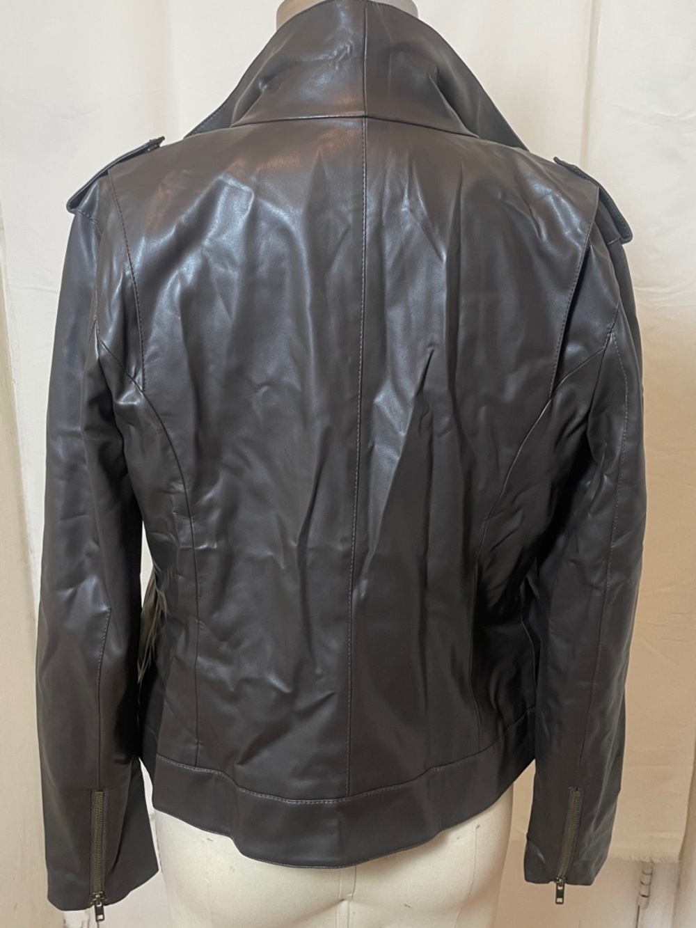 Brown Leather Moto Jacket with Asymmetrical Zip - Picture 8 of 13